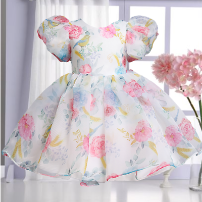 #ad Elegant Girls Flower Puff Sleeve Dresses Formal Birthday Party Princess Cloth $32.19