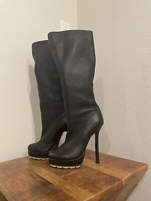 #ad YVES SAINT LAURENT Rive Gauche Leather Platform High Heel Womens Boots Black 37 $288.00