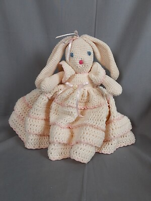 Vintage Handmade crochet 13quot; Rabbit Doll With Pink And White Dress $24.45