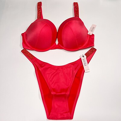 Victoria Secret 38C L SEXY TEE Push Up Bikini Top Bottom Set Shine Strap Pink $84.95