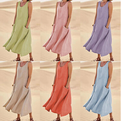 #ad Women Casual Sleeveless Linen Tank Dress Summer Beach A Line Maxi Dress Sundress $95.68