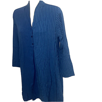 Lisa Bayne Dress Blue Striped Linen Summer Size Medium Pockets $43.20