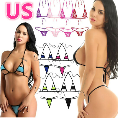 US Women Lace Micro Bikini Sets See through Mesh Strappy Swimwear Bra Briefs $9.48