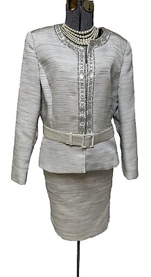 #ad Tahari ASL LUXE Skirt Suit Size 14 Two Piece Set 34X22 Bonus Belt Embellished $65.99