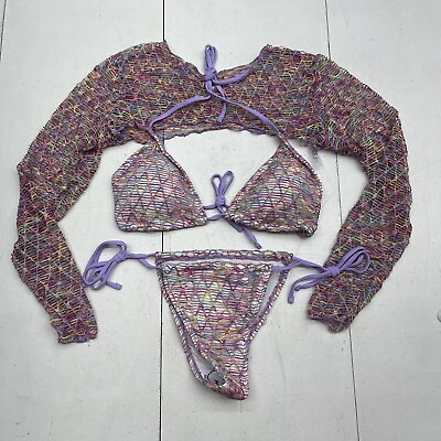 #ad Shein Purple Multicolored Crotchet 3 Piece Bikini Women’s Size Large New $10.00