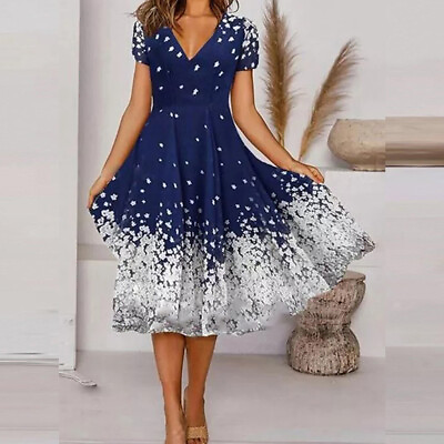 #ad Womens Floral V Neck Midi Dress Ladies Plus Size Evening Party Cocktail Dresses $22.99