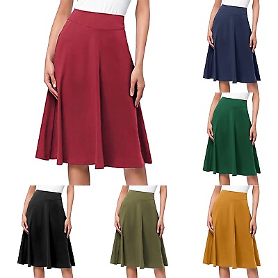 #ad Women#x27;s Solid Flared Skirts Lightweight Elastic Waist Classic Knee Length Skirt $20.85