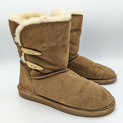 Bearpaw Boots Women#x27;s 6 Abigail Brown Suede Sheepskin Wool Toggle $16.99