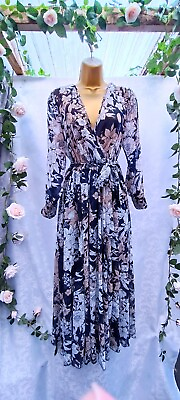 #ad Kate amp; Lily UK Size 12 US 8 Navy Brown Mix Floral Long Maxi Dress Long Sleeve GBP 29.99