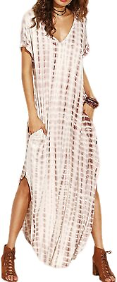Women Summer Casual Maxi Dress Loose Pockets Short Sleeve Split Boho Dresses $55.92