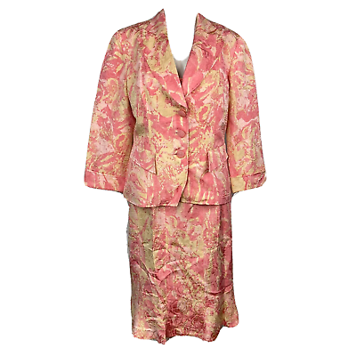 #ad #ad Juliana Suit 3pc Womens Sz 6 Pink Beige Floral Midi Skirt Set Silk Linen $36.25
