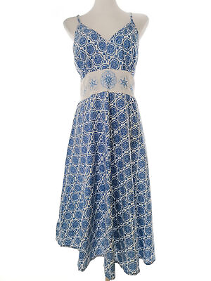 #ad Vintage Size L Blue Long Maxi Dress Cotton 100% Sleeveless Embroidery $69.74
