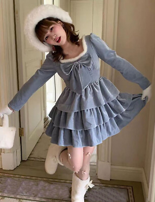 #ad Sweet Girls Bowknot Ruffles Short Dress Princess Lolita Winter School Cute Dress $42.99
