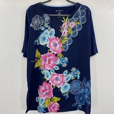 #ad Chico#x27;s Garden Party Tunic Top Size 2 Large Blue Mixed Media Short Sleeves $19.79