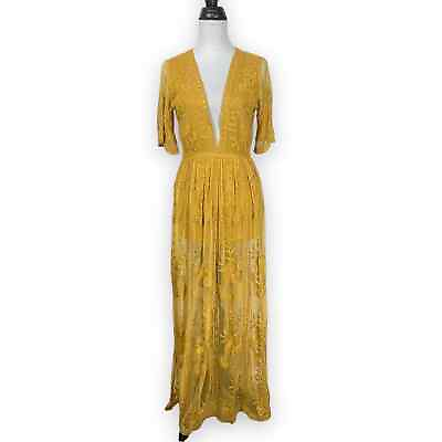#ad Honey Punch Small Women#x27;s Yellow Romantic Lace Overly Boho Maxi Dress Romper $59.99