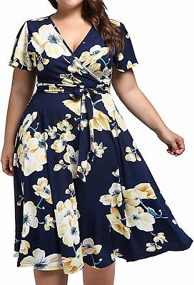 #ad kissmay Plus Size Womens V Neck Floral Cocktail Party Midi Dresses with Pocket $96.65