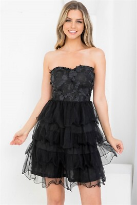 #ad Black Lace Overlay Cocktail Dress Size Medium Ruffled Travel Formal $39.95