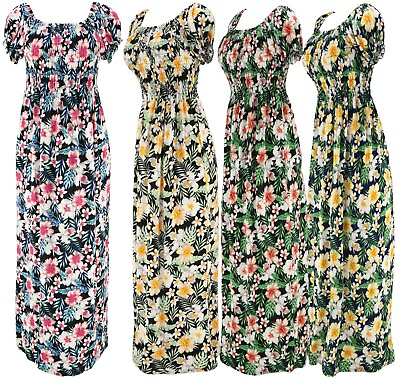 #ad Women#x27;s Hawaiian Flower Smocked Summer Sundress Long Dress $18.95