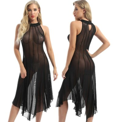 #ad Women#x27;s Gothic Punk Dress Mesh See Through Long Chemise Dresses Beach Cover Up $17.68