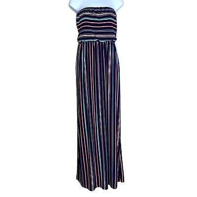 White Birch Blue Striped Maxi Dress Strapless Medium Stretch Line Full Length $20.99