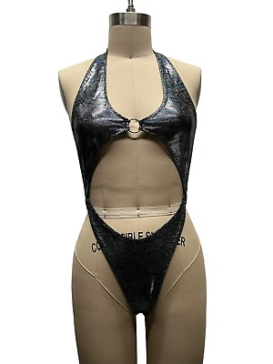 #ad Vtg Fredericks of Hollywood Sexy Shimmery Black Monokini Swimsuit Bikini ONE SZ $89.99