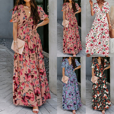 #ad Boho Women V Neck Floral Long Dress Ladies Summer Holiday Casual Party Sundress $37.09