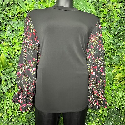 Catherine Malandrino Womens Plus 3XL Black High Neck Blouse Floral Sleeve 0061 $13.25