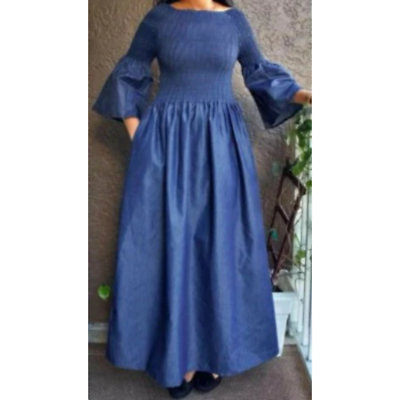 #ad Long Smocked Maxi Dress Blue Denim One Size Fits M 2XL $54.95