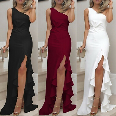 #ad Womens One Shoulder Ruched Ruffle Formal Evening Dress Slim Long Maxi Dresses $27.99