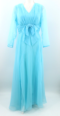 #ad Vtg Women#x27;s 70s Turquoise Blue Chiffon Formal Maxi Dress 1970 Sz M Miss Elliette $74.99