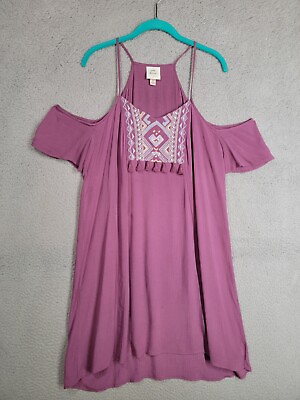 #ad Knox Rose Boho Dress Medium Cold Shoulder Purple Embroidered Tasseled $11.99