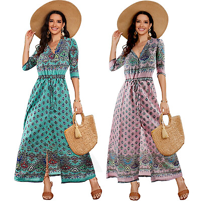 #ad Women Casual Boho Sleeve Floral Long Maxi Summer Beach Dress Sundress USA $8.95