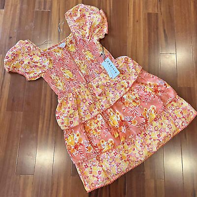 #ad New Margaux Riviera Orange Pink Dress Floral Ruffle Sleeve Smock Boho Petite L $55.00