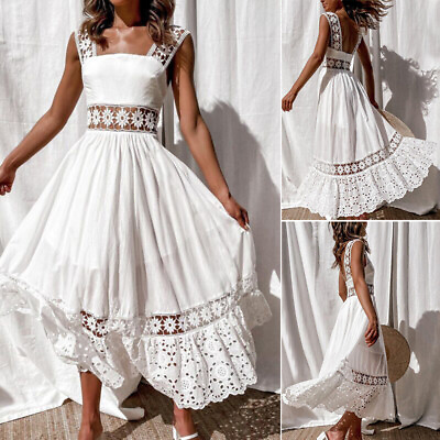 #ad Women Dress Sundress Party Dress Ladies Boho Lace Evening White Summer GBP 17.33