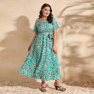 #ad Plus Size Abaya Women Muslim Floral Print Summer V neck Long Maxi Dresses Kaftan $29.04