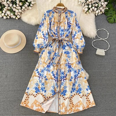 #ad Fashion Runway Summer Dress Long Sleeve Single Breasted Totem Flower s xxl $115.00