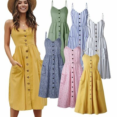 #ad Women Summer Dresses Sleeveless Casual Loose Swing Button Down Midi Dress Pocket $10.99