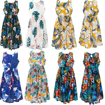 #ad Kids Girls Sleeveless Hawaiian Casual Dress Holiday Party Beachdress Sundress $12.39