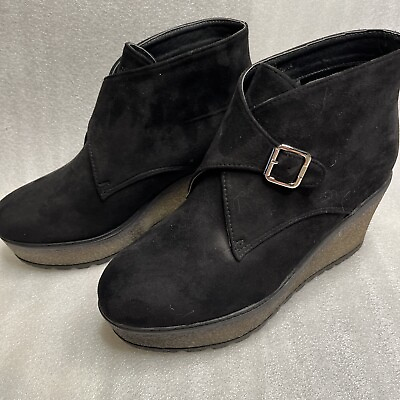 #ad #ad Womens Black Wedge Booties Size 8 With buckle Strap 3quot; Wedge $12.99