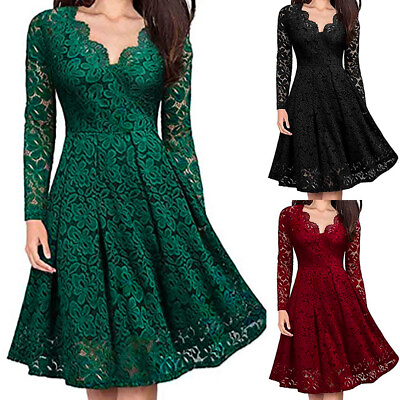 Women#x27;s Casual Lace Long Sleeve Midi Dress Sexy V Neck Party Cocktail Dresses US $27.16