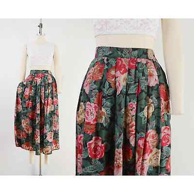 #ad Vintage 80s Romantic Floral Cottagecore Full Pleated Midi Skirt with Pockets S $46.00