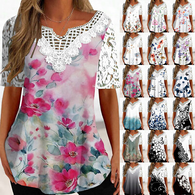 #ad Women Lace Boho Tunic Tops Ladies Summer Short Sleeve Floral Blouse T Shirt Size $11.59