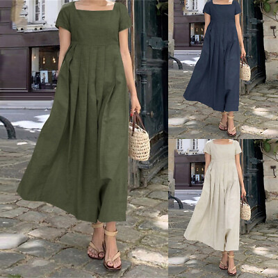 #ad Summer Women#x27;s Cotton Linen Short Sleeve Maxi Long Dress Casual Holiday Sundress $19.26