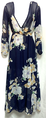 #ad Unbranded Navy Blue w White Floral Maxi Dress Size S Polyester Preowned VGUC $10.00