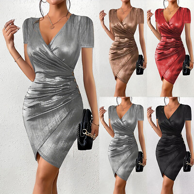 #ad Women#x27;s Sexy V Neck Cocktail Evening Party Dress Short Sleeve Bodycon Dresses $22.35