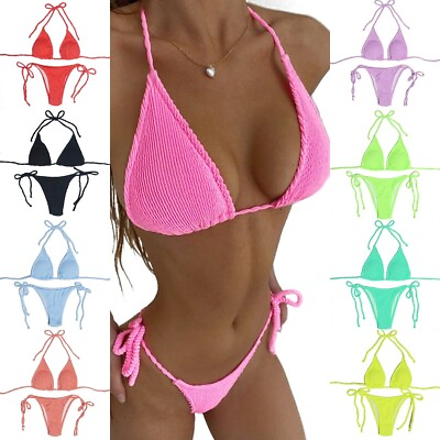 #ad Women Sexy Bikini Sets Tie Side String Thong Halter Neck Bandage Bathing Suit $12.64