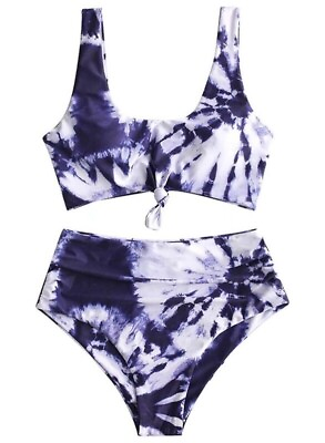 #ad #ad ZAFUL Blue Tie Dye Knot Scoop Neck Bikini Set High Waisted Two Piece Swimsuit 4 $24.00