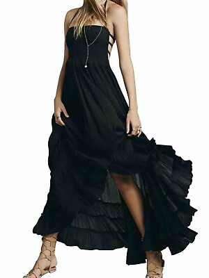#ad #ad NWT Black Long Strappy Maxi Dress Size XL Womens Adjustable Waist Open Back NEW $14.00
