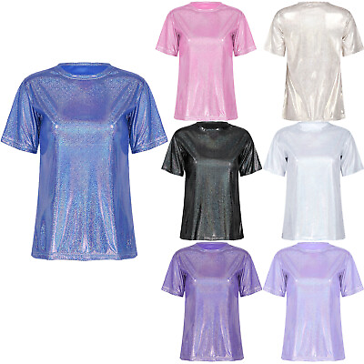 #ad Women#x27;s Shiny Metallic Short Sleeve T Shirt Loose Glitter Party Tops Clubwear $11.49