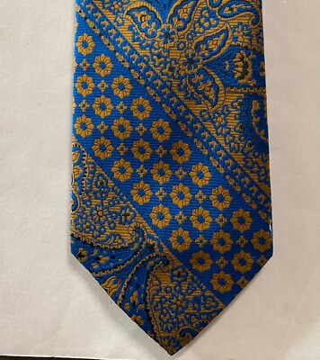 #ad Vintage Dillards MCM Tie Necktie Floral Paisley Gold Blue Retro $8.00